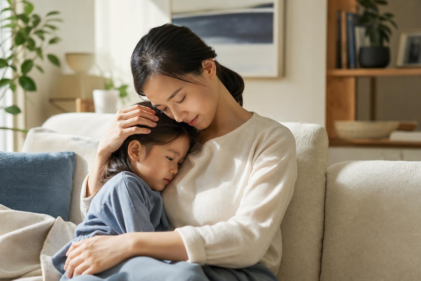 A parent gently connecting with their child in warm afternoon light